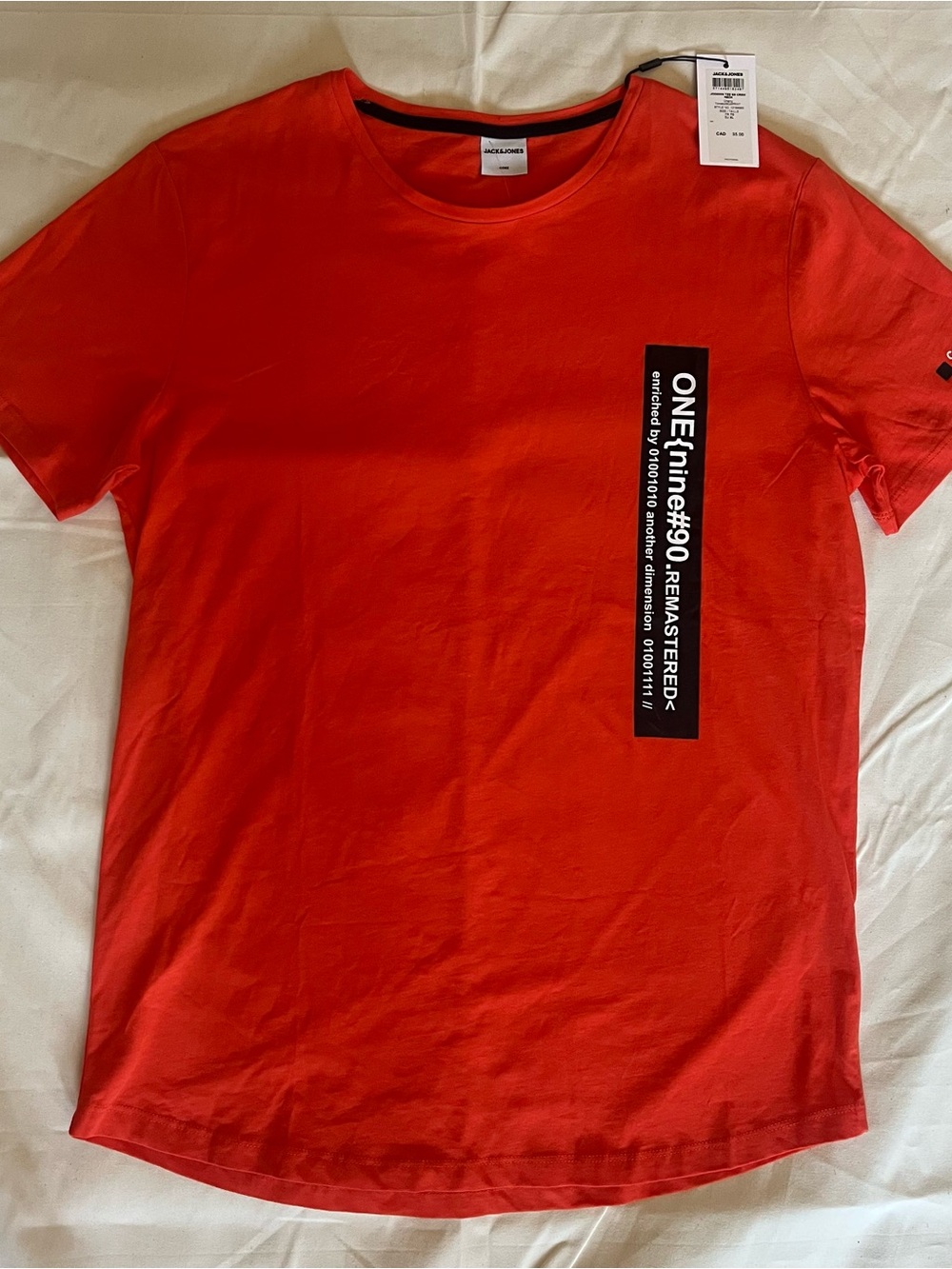 Jack & Jones orange Short Sleeve Tee with Vertical Black Patch Print. Size XL